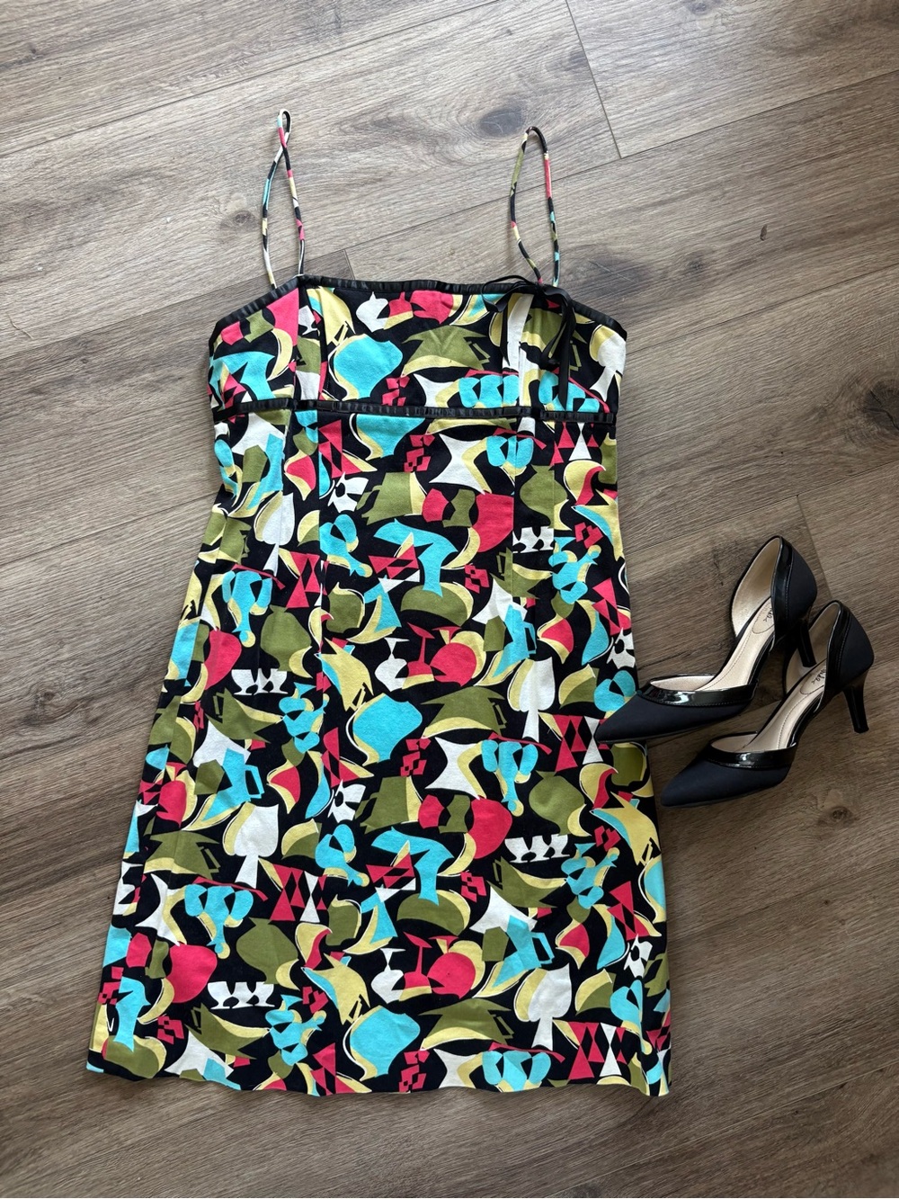 Vintage Women’s Multicolor abstract Patterned Spaghetti Strap mini Dress